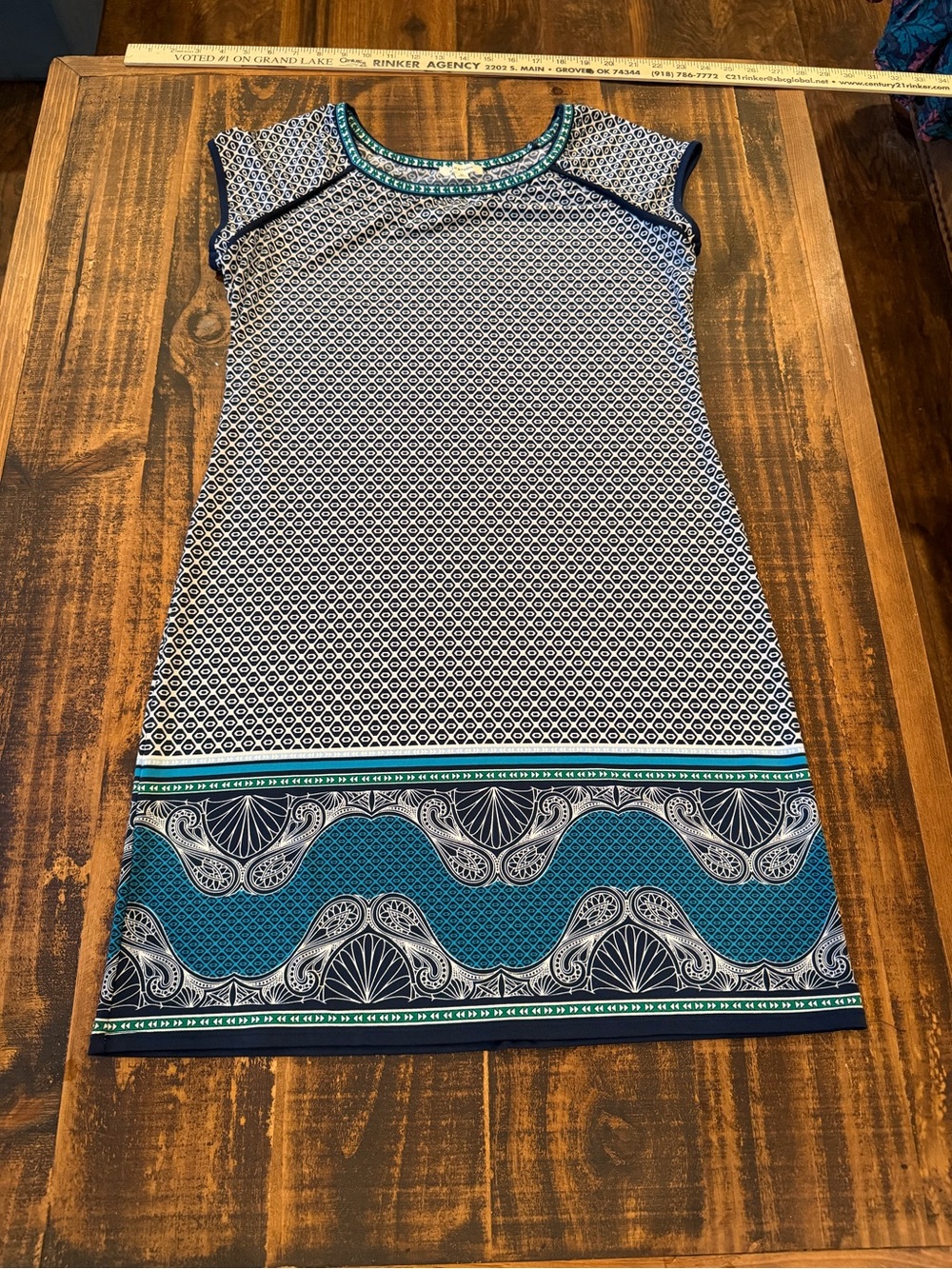Max Studio Teal, Navy & White Printed Cap-Sleeve Mini Dress